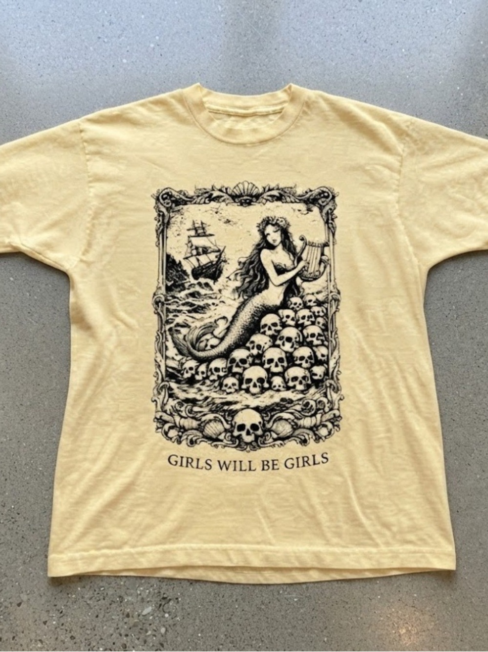 Girls Will Be Girls Siren Skull Mermaid Graphic Yellow Cotton Gildan T-Shirt